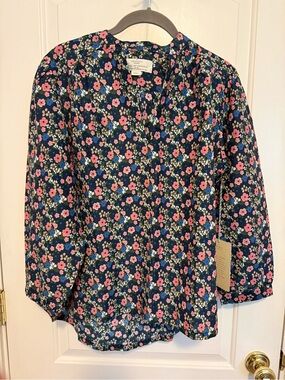 Trovata Navy Floral V-Neck (Bailey) Blouse with Pink and Green Accents